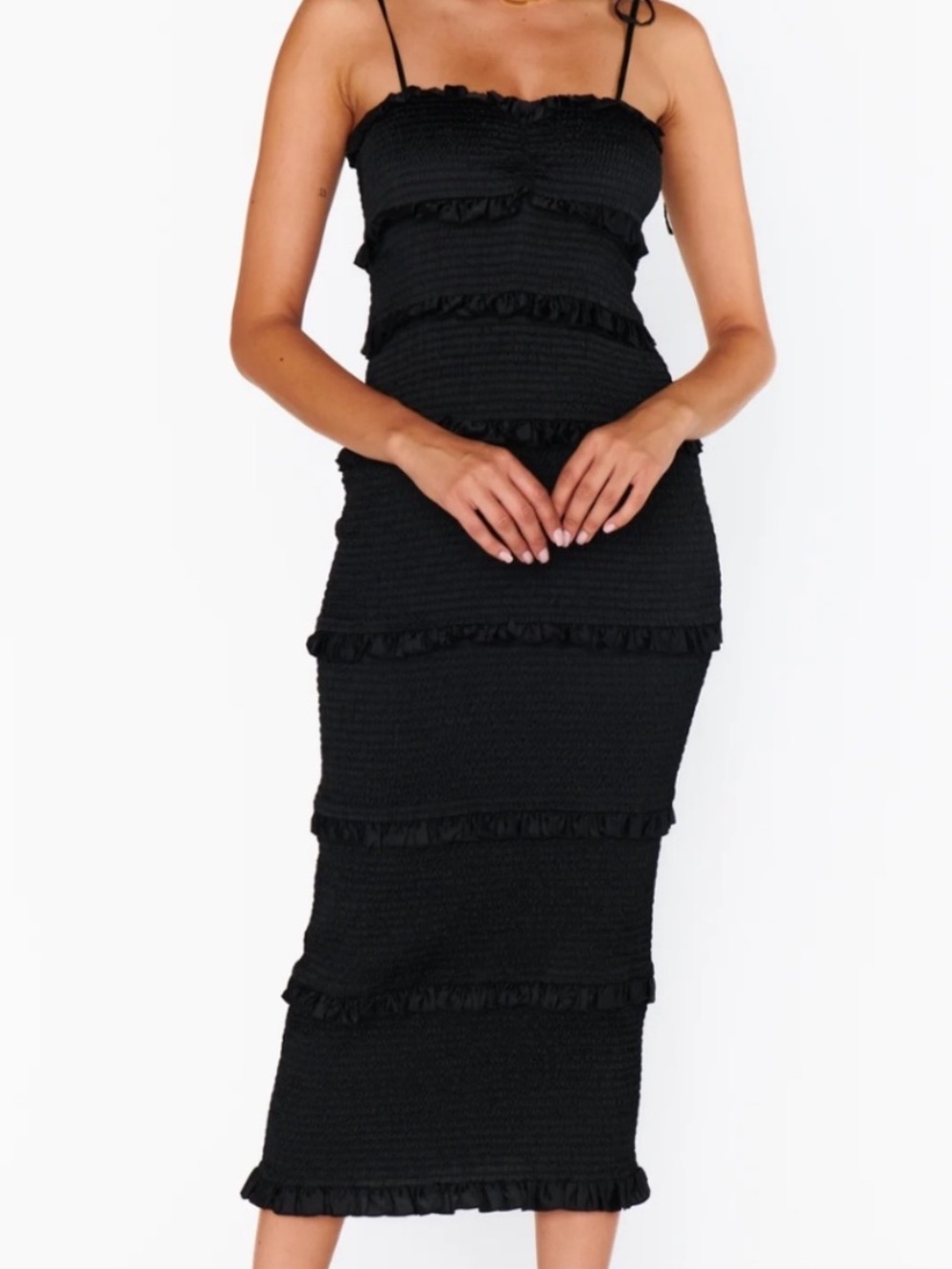 Show Me Your Mumu Stella Smocked Dress Black Luxe Satin L